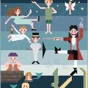 May include: A whimsical illustration featuring characters from Peter Pan. Peter Pan, Wendy, Tinkerbell, Captain Hook, and a crocodile are depicted in a colorful, geometric style. The background is a gradient of blues with stars.