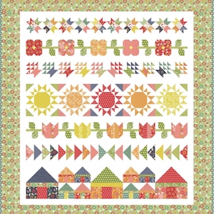 May include: A colorful patchwork quilt with a floral border. The quilt features rows of stars, flowers, triangles, suns, tulips, and houses in various colors. The design is a mix of geometric and floral patterns.