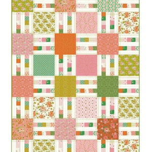 May include: A rectangular quilt featuring a grid of alternating square blocks and vertical striped panels. The blocks display various floral patterns, solid orange, pink, and green colors, and geometric designs in shades of pink, green, and orange.
