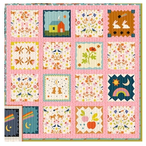 May include: A colorful patchwork quilt with sixteen unique square designs. Each square features whimsical illustrations of houses, rabbits, flowers, rainbows, and stars. The quilt has a pink border and a gold edge, creating a cheerful and decorative textile.