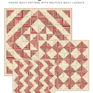 May include: A quilt pattern for a log cabin quilt with three different layouts. The quilt is made in shades of pink, brown, and cream. The quilt sizes are 60 1/2 inches by 60 1/2 inches. The pattern is called "Log Cabin" and the product number is LBQ-1747-P.