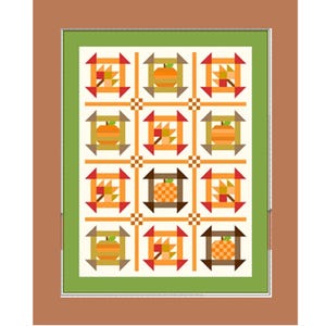 Puede incluir: Un edred&oacute;n enmarcado con un patr&oacute;n repetido de calabazas y hojas de oto&ntilde;o. Los bloques del edred&oacute;n son en tonos de naranja, marr&oacute;n y verde, sobre un fondo crema. El marco es de color marr&oacute;n c&aacute;lido.