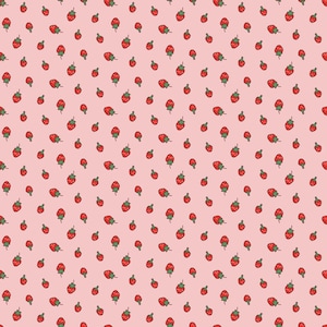 May include: A repeating pattern of red strawberries with green stems and leaves on a light pink background. The strawberries vary in size and are evenly spaced across the surface, creating a playful and whimsical design.