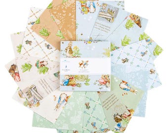 Paquete de telas precortadas de Peter Rabbit y Benjamin Bunny: 42 cuadrados de 5 pulgadas, libro de cuentos para bebé niño de algodón Riley Blake