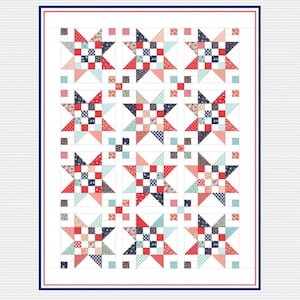 May include: A quilt pattern called "Scrap Jar Stars" #726, featuring a red, white, and blue star design. The pattern is by Gigi's Thimble quilt patterns.