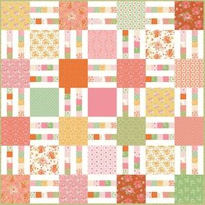May include: A patchwork quilt with a repeating pattern of squares and rectangles in shades of pink, orange, yellow, and green. The squares feature floral and dotted patterns, while the rectangles are white with colorful accents. The quilt has a green border.