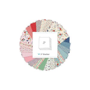 May include: A circular stack of assorted fabric squares with pinked edges, featuring various floral, polka dot, and gingham patterns in red, blue, green, and white. A central white label displays the text 5" and 5" Stacker with a small bird icon.