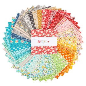 May include: A collection of colorful fabric squares arranged in a circular pattern. The squares feature various floral and geometric patterns in shades of red, blue, green, and yellow. A central bundle of fabric squares is wrapped with a label that reads "Farmers' Daughter Fabrics."