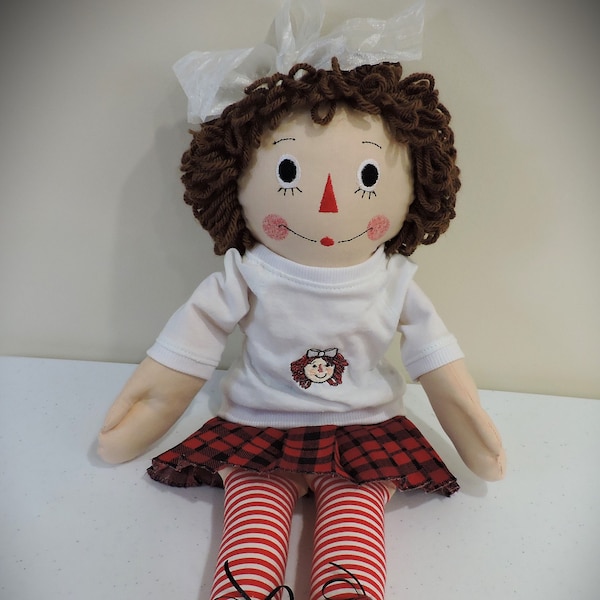 Raggedy Ann Doll, 17", Handmade, Cloth Doll, Red/Black Plaid Outfit