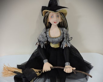 Cloth Art Doll, OOAK, Witch in Gray, Black and Gold