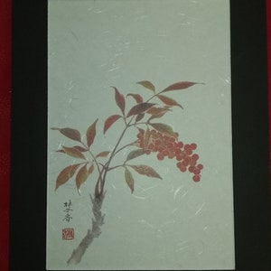 Japanse kunstafdruk Japans gesponnen glas washipapier Nandina-tak NANTEN Gematteerd 9 x 12 zwart mat Made in Japan