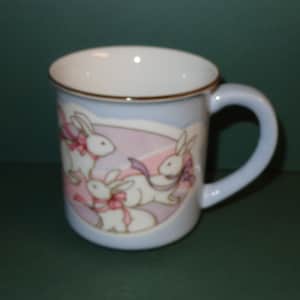 3 Cute Rabbits Mug Cup Porcelain Light Blue Made in Japan by Post Plus. INC. Oakland California