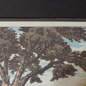 Pu&ograve; includere: Una stampa incorniciata con un'illustrazione dettagliata di un grande albero con una chioma tentacolare. I rami e le foglie dell'albero sono resi in tonalit&agrave; di marrone e grigio, su uno sfondo di cielo azzurro. L'opera d'arte ha un'estetica vintage.
