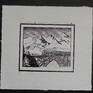 Small Original Etching Print Train Landscape Bridge Mountain 4&quot; X 3-3/8&quot;(Image size) 6&quot; X 6.5&quot; (Paper size)
