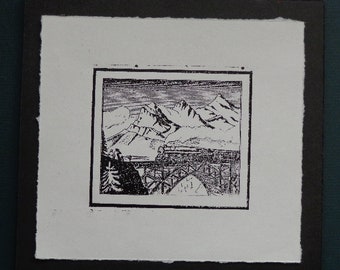 Small Original Etching Print Train Landscape Bridge Mountain 4" X 3-3/8"(Image size) 6" X 6.5" (Paper size)