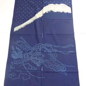 Japanese Noren Curtain Home Business Tapestry 60&quot;L Cotton Indigo Mt.Fuji & Dragon