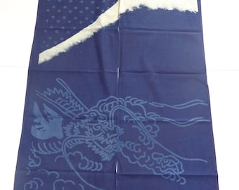 Cortina japonesa Noren, tapiz para el hogar y el negocio, 152 cm de largo, algodón, índigo, Monte Fuji y dragón