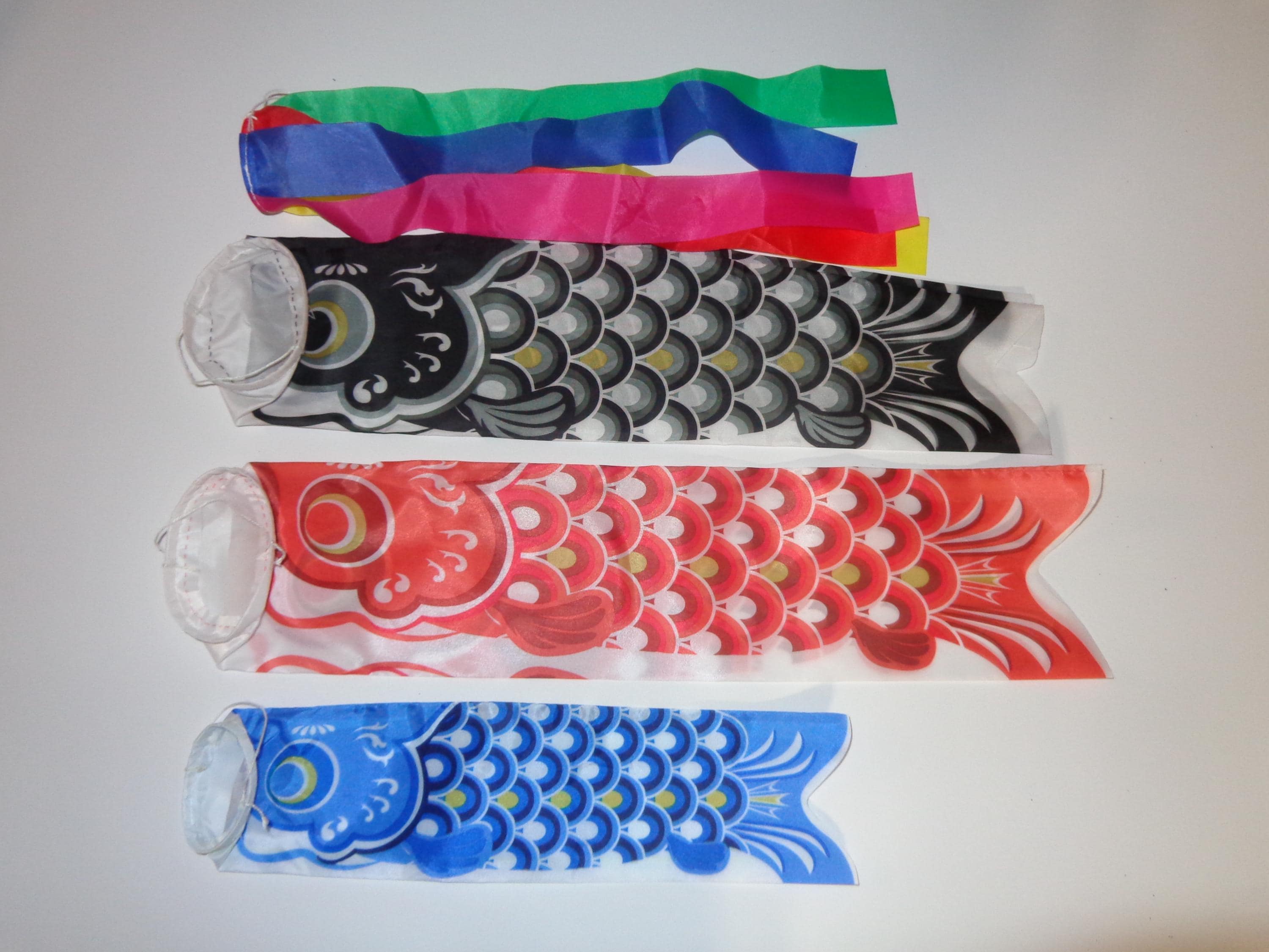 Japanese Set of 3 Small Koi Fish Koinobori Windsock Flag Carp Streamer Traditional Children's Day Black, Red, Blue,