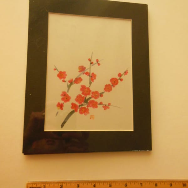 Japanese red Quince Flower Branches art print Japanese washi paper matted 8 X 10