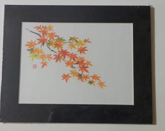 Japanese Maple Leaves Branch Art Print Japanese Paper Black Matted 8 X 10