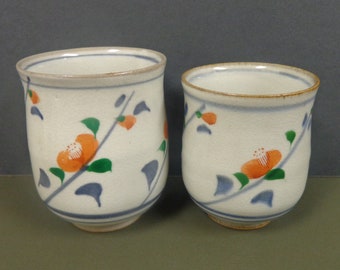 Japanese Set of 2 Tea Cups Meoto-chawan Couple-teacups Arita-yaki Ware Hand painted Camellia Flower "Tsubaki" Made in Japan