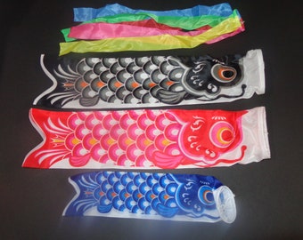 Japanese Set of 3 Small Koi Fish Koinobori Windsock Flag Carp Streamer Traditional Children's Day Black, Red, Blue,