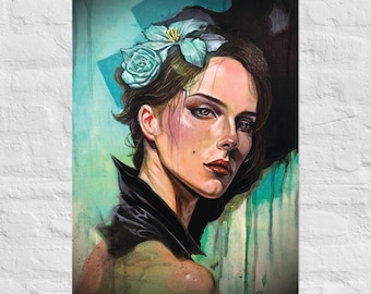 Estampado de retrato floral en color turquesa, pintura de mujer melancólica, decoración botánica de pared, arte con flores en el cabello.