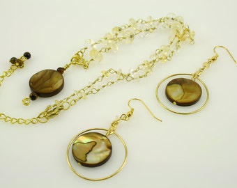 18 Inch River Shell Pendant with Citrine Rondelle's Necklace Set