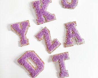 Purple Adhesive Glitter Chenille Varsity Letter Patches | Initial Letter Stick Patch | Peel and Stick Monogram | Gold Glitter A-Z Alphabet