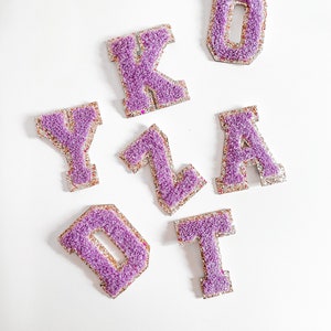 Purple Adhesive Glitter Chenille Varsity Letter Patches Initial Letter Stick Patch Peel and Stick Monogram Gold Glitter A-Z Alphabet image 1