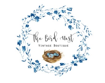 Premade Logo - Watercolor Wreath Logo - Birds Nest Logo - Boho Logo- Vintage Logo- Boutique Logo - Cottage Chic - Blue Logo- Circle Logo