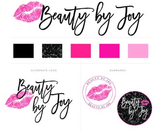 Premium Branding Kit, Branding Package, Premade Logo, Lips Logo, Makeup Artist Logo, Beauty Logo, Hot Pink Logo, Pink and Black Logo Kit