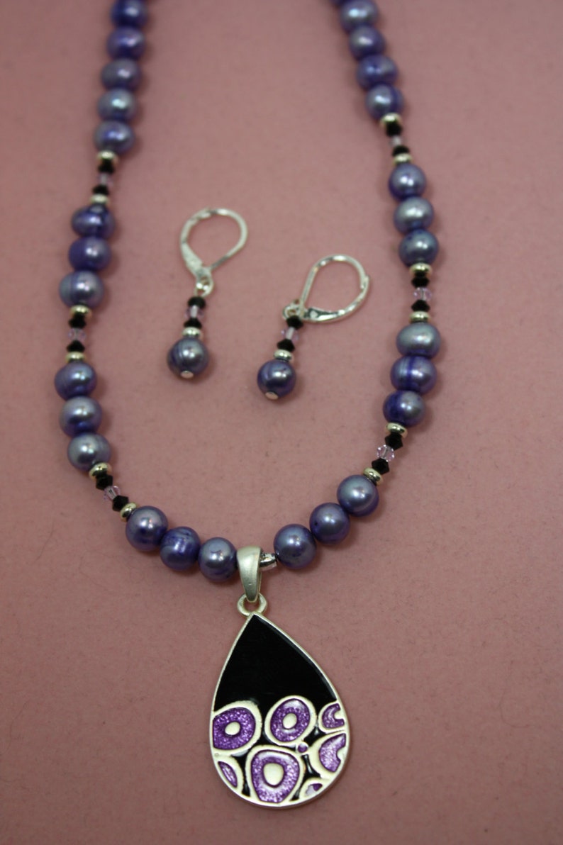 Royal purple pearls black & clear crystals pewt black/purple | Etsy