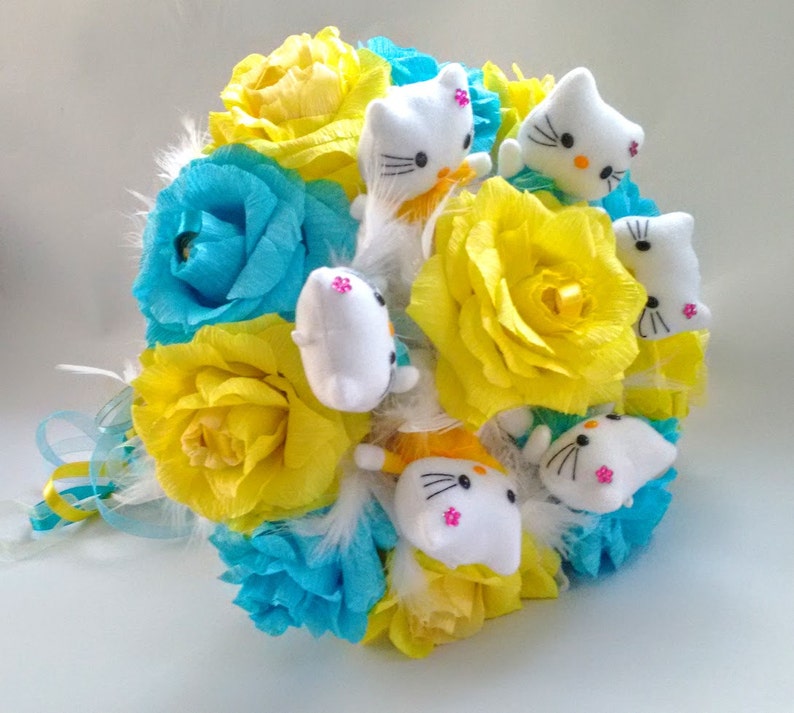 Cute Plush Kitty Bouquet with Ferrero Rocher Candy bouquet Etsy