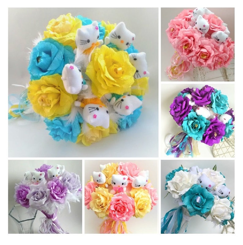 Cute Plush Kitty Bouquet with Ferrero Rocher Candy bouquet Etsy