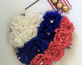 Patriotic Flowers Heart Red Blue White Roses with Ferrero Rocher Candy bouquet Chocolate Heart Candy gift 4th July Centerpiece Labor Day