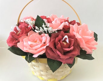 Mother's Day Gift Chocolate Bouquet Paper Roses with Ferrero Rocher in a wicker basket Chocolate bouquet Candy arrangement Candy bouquet