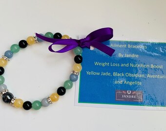 Ailment Bracelet Weight Loss, Nutrition Boost, Aventurine, Yellow Jade, Angelite, Black Obsidian