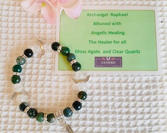 Archangel Bracelets Moss Agate  and clear Quartz Attuned Archangel Raphael Healing, well-being as featured in Spirit and Destiny magazine