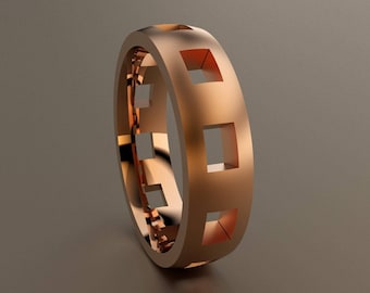 14kt Rose Gold 6mm Brushed Mens Wedding Band Clean Pierced Holes, Classic Solid 14kt Pink Gold Wedding Ring with Cutouts, Anniversary Ring