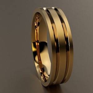 14kt Yellow Gold 6mm Brushed Mens Wedding Band Sharp Double Grooves, Classic Solid 14kt Yellow Gold Wedding Ring, Wedding Anniversary Ring