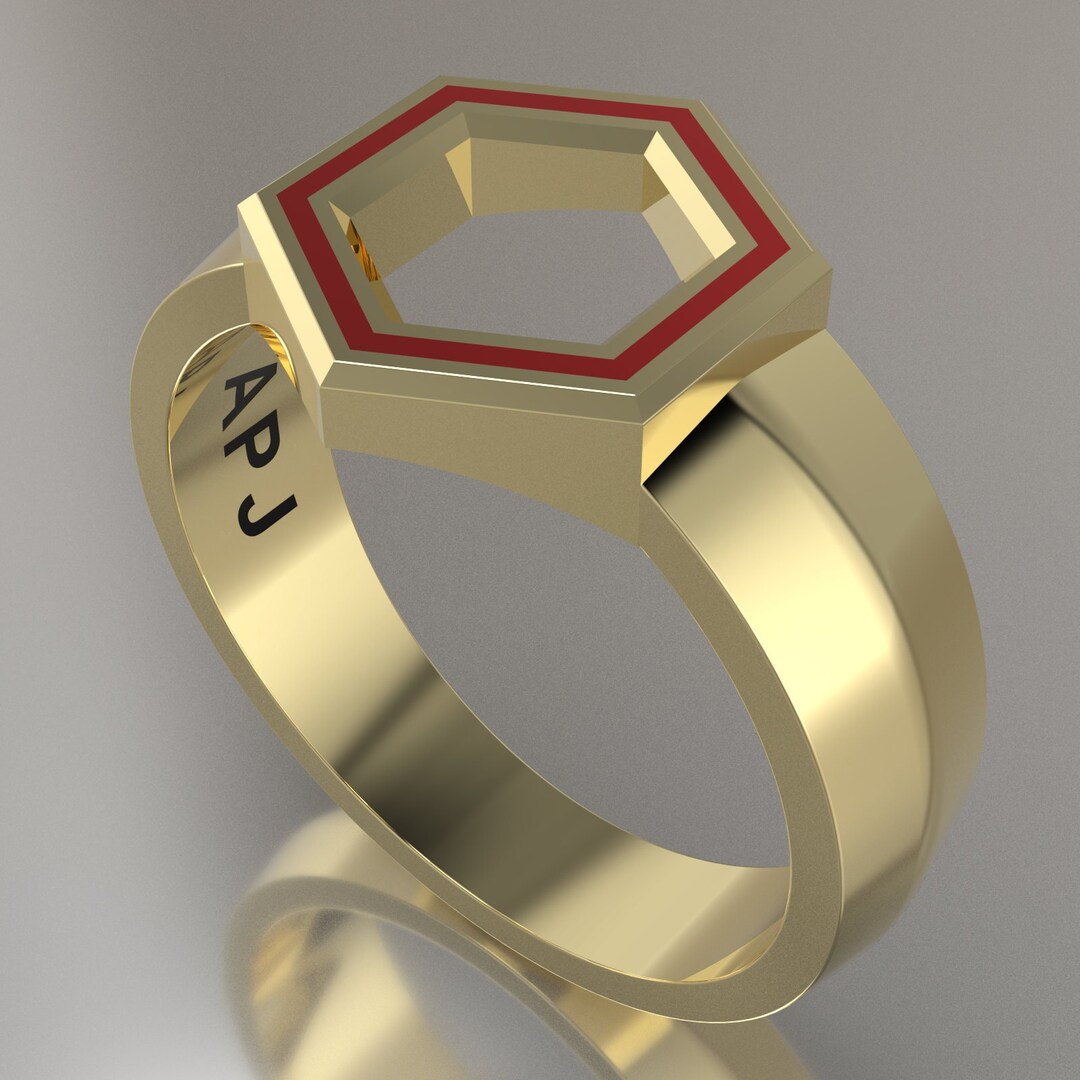 Yellow Gold Geometric Hexagon Ring, Red Resin Solid 14kt Yellow