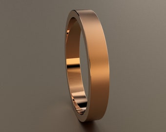 10kt Rose Gold 3mm Ladies or Mans Brushed Flat Wedding Band, Matte Finish Flat Minimalist Design, Rectangular Comfortable Wedding Ring