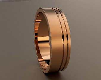 14kt Rose Gold 6mm Brushed Mens Wedding Band, Mens Pink Gold Wedding Ring Deep Offset Double Grooves, Minimalist 6 mm Mans Wedding Pipe Band