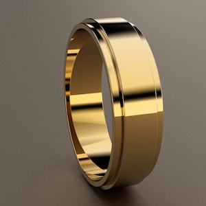 14kt Yellow Gold 6mm Mens Wedding Band, Step Edge Design 14kt Gold Clean Simple Design with Cut Edges, Mens Pipe Design Customizable Band