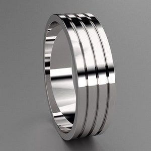 Silver 6mm Mens Triple Grooved Wedding Band, 925 Sterling Silver Clean Simple Design, Customizable