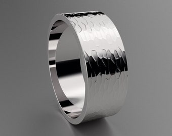 Silver 8mm Mens Hammered Flat Wedding Band, Matte Finish 925 Sterling Wide Flat Minimalistic Design, Comfortable Wedding Ring