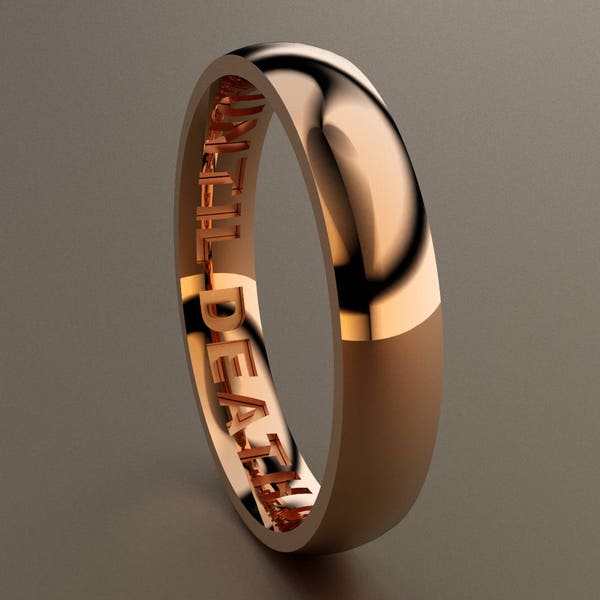 14kt Rose Gold 4mm Mens Message Wedding Band, Thin Classic 14kt Pink Gold Wedding Ring, Until Death Do Us Part Hidden Message Thin Mans Ring