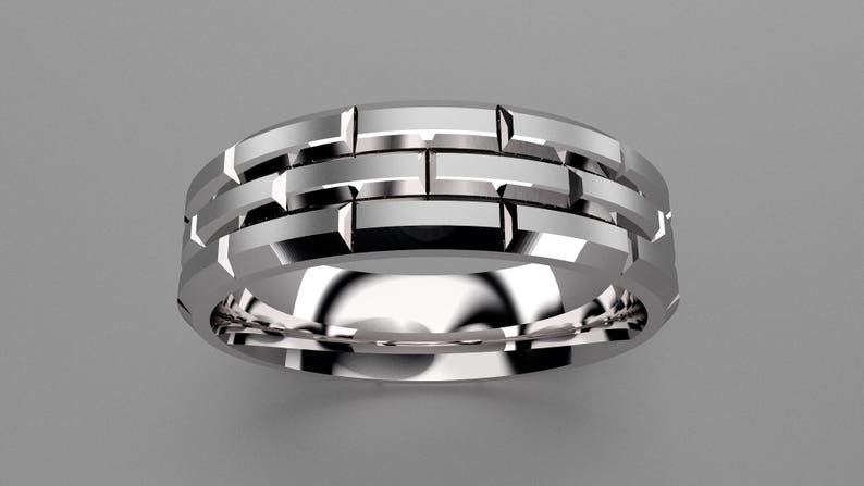 Silver 6mm Brushed Mens Wedding Band with Brick Pattern Classic 925 Sterling Silver Brick Design Wedding Ring Deep Faceted Gold Mens Ring
