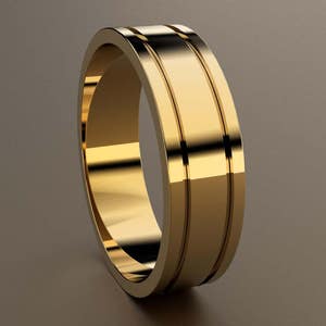 14kt Yellow Gold 6mm Mens Wedding Band, Mens Gold Wedding Ring Deep Grooves, Minimalist 6 mm Mans Wedding Band, Light Pipe Mens Band